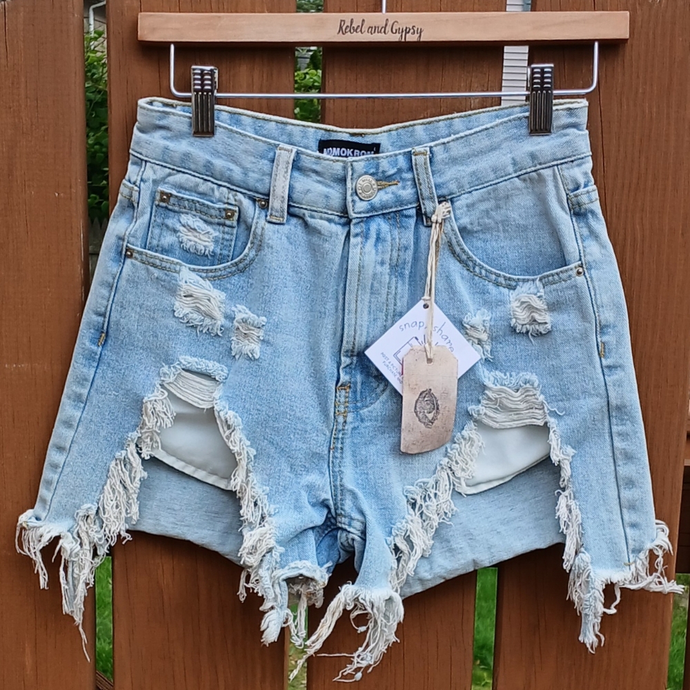 Momokrom Womens Size 8 High Waisted Distressed Cut Off Denim Jean Shorts Painted
